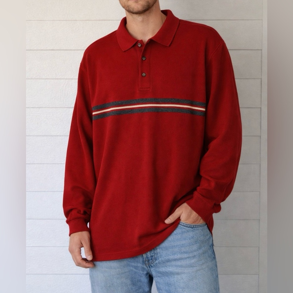 Eddie Bauer Vintage Core Striped Rugby Polo Sweatshirt XXL Red Casual Classic